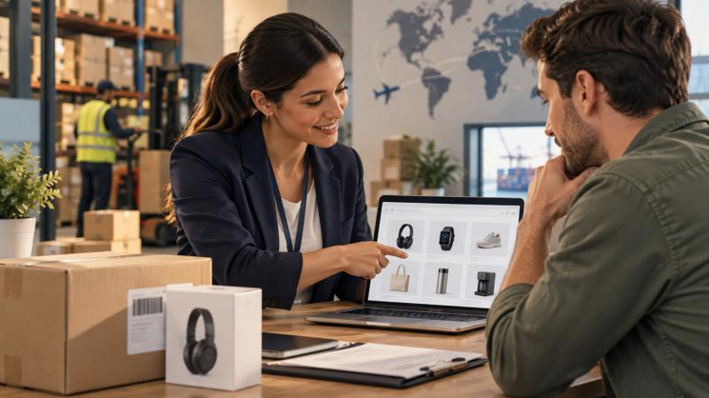 Asesora de compras y un empresario revisando productos y cajas de exportación